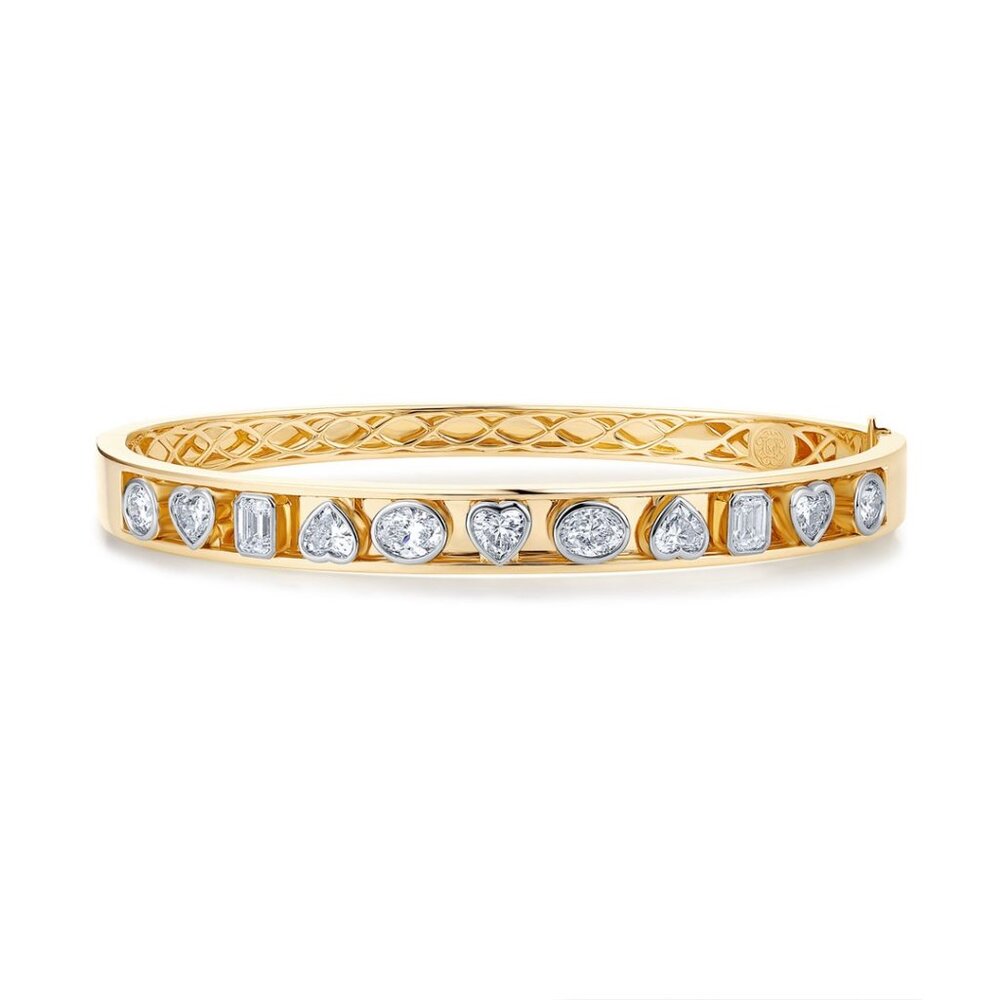 Multi Shape 14K (18k upon request) Yellow Gold Diamond Bezel Set Bangle Bracelet